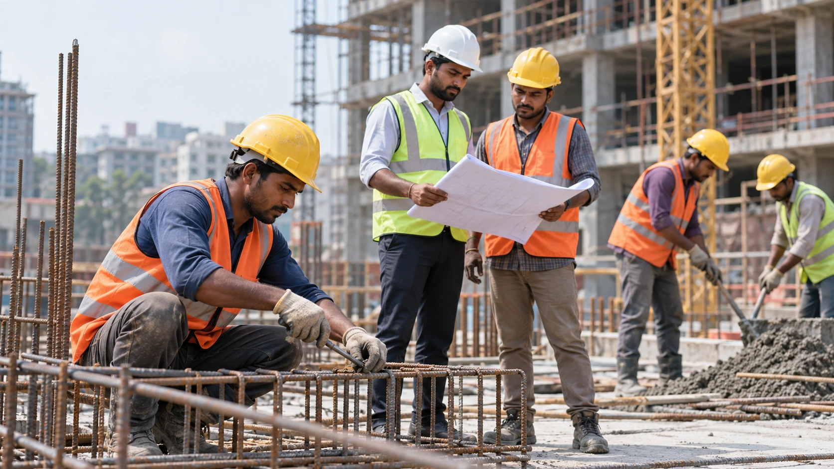 Illustrative Bangladesh construction team reviewing site plans